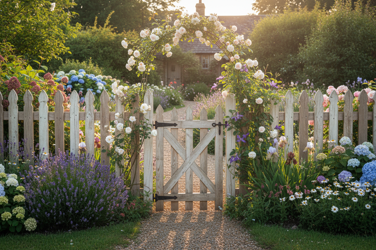 Gartenzaun aus Holz mit Gartentür und einem blühenden Rosenbogen
