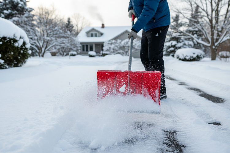 Mann räumt seine Einfahrt mit einer rot orangenen Schneeschaufel mitten im Winter im Hintergrund ein Haus