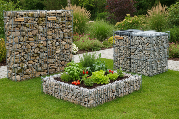 Mit Steinen gefüllte Gabionen als Wand, Hochbeet und Mülltonnenbox