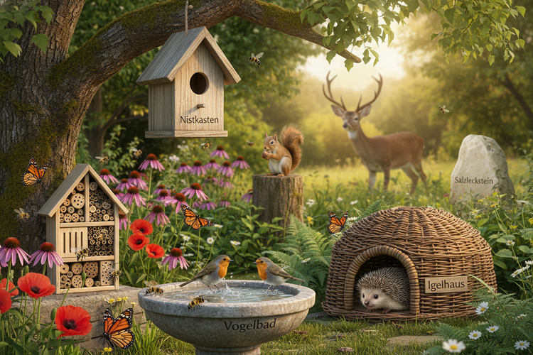 Gemaltes Bild mit Wildtieren, Vogelbad, Nistkasten, Vogeltränke, Insektenhotel