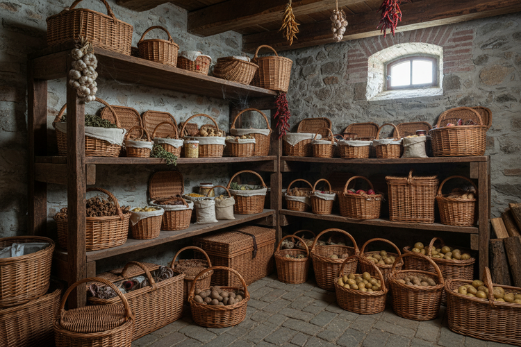 Holzkörbe, Weidenkörbe une Lagerregale in einem Keller mit Fenster und eingelagertem Gemüse
