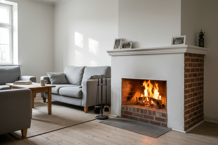 Wohnzimmer mit Kamin und Kaminbesteck Sofa nebenan teilweise offene Ziegel modernes Ambiente mit klassischem Bezug