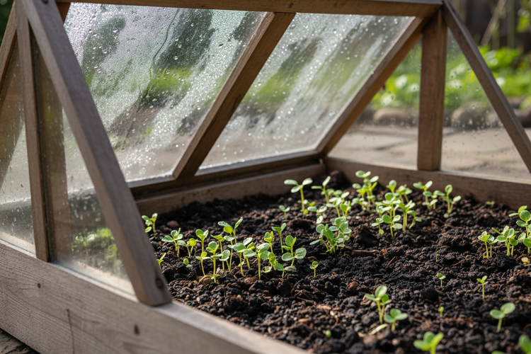 Frühbeet in Großaufnahme mit geöffnetem Deckel und keimenden Pflanzen