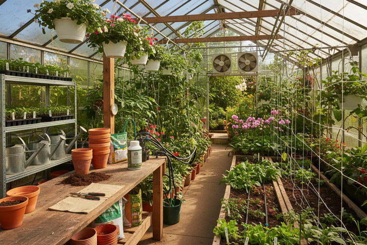 Innenansicht Gewächshaus mit viel Gewächshauszubehör