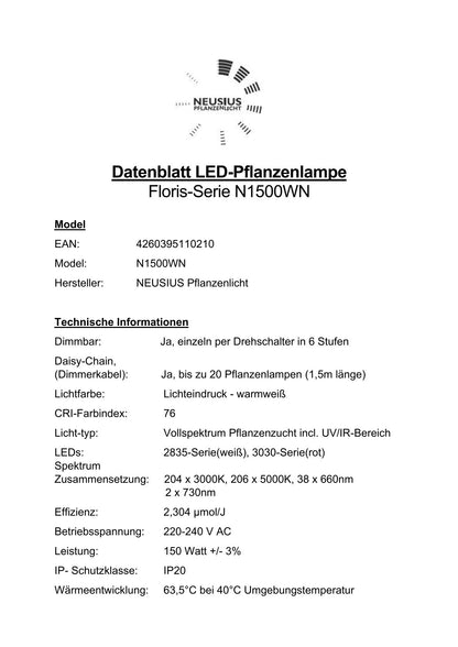 FLORIS Grow High Tech 150W Dimmable Full Spectrum LED Plant Lamp