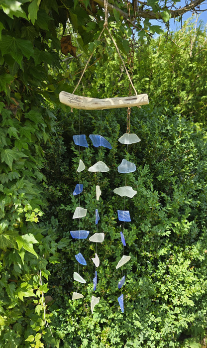 Wind chime driftwood glass 54x20x2.5cm blue white sound chime mobile light chime