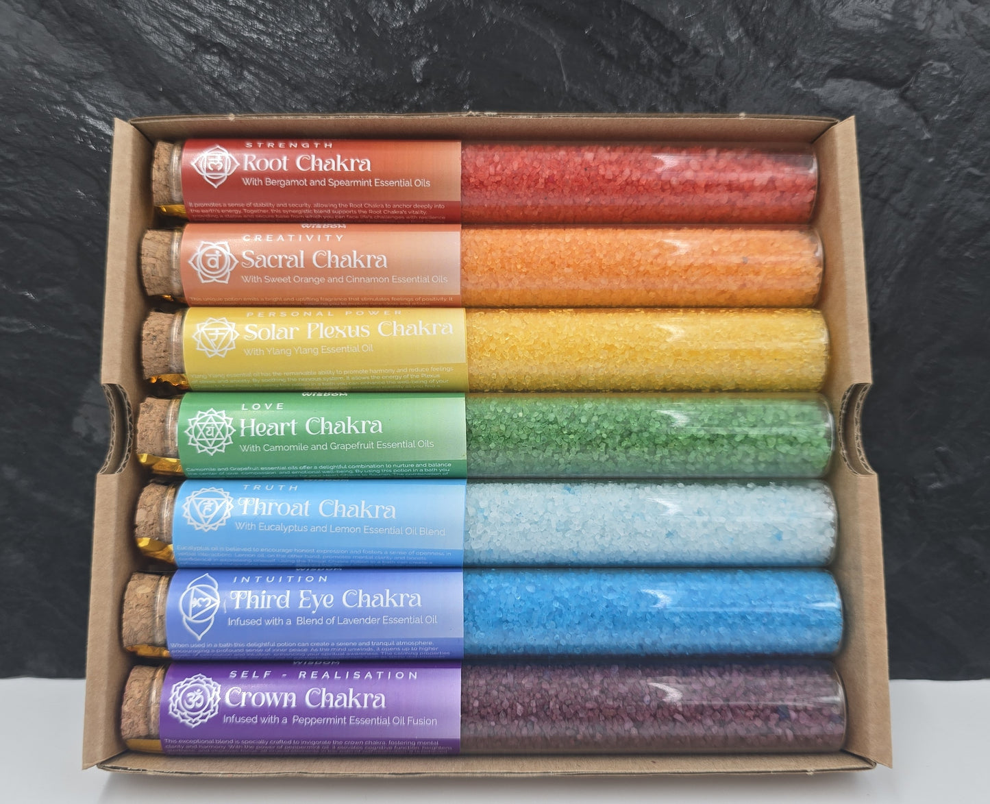 Badesalz Geschenk-Set 7 dekorative Fläschchen 7 Chakra 40 g Badezusatz