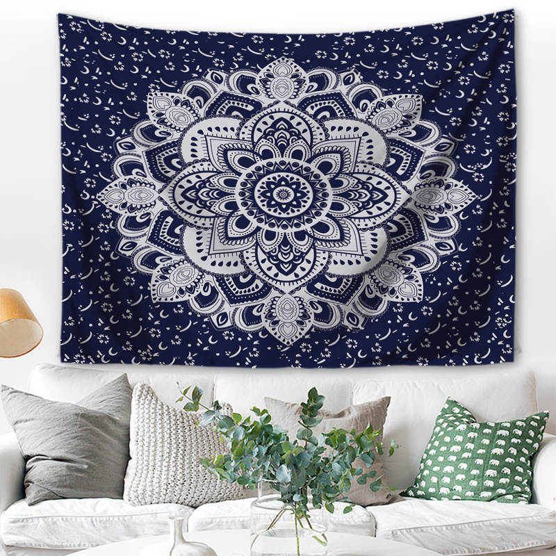 Wandbehang Mandala indisch 150x125 cm Blau Polyester Wandtuch Wandteppich Tapisserie 