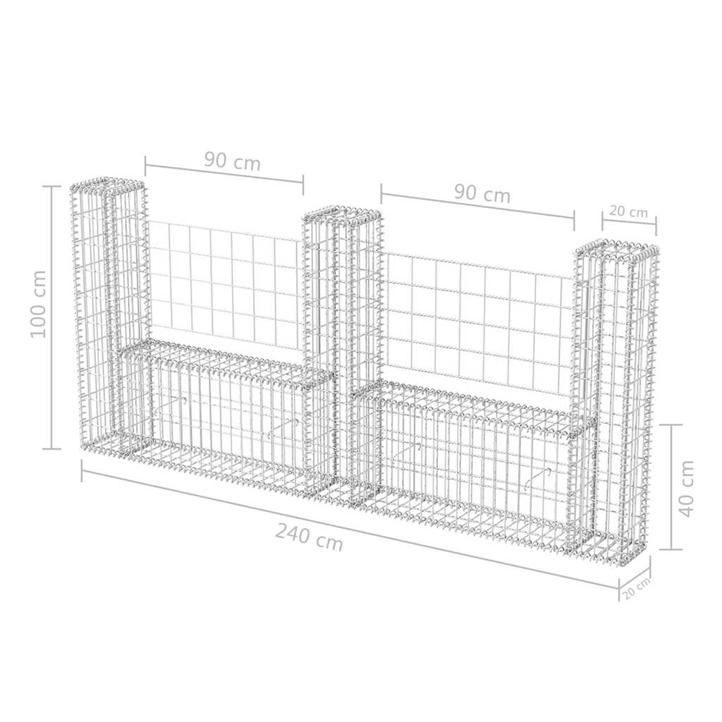 Gabionenzaun U-Form Stahl 240x20x100 cm Steinkorb Gabionenwand verzinkt Element
