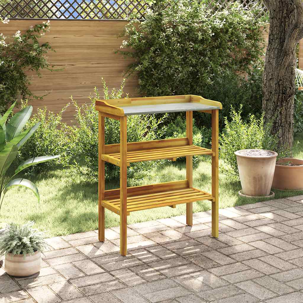vidaXL Planting Table with 2 Shelves, Acacia Solid Wood and Zinc