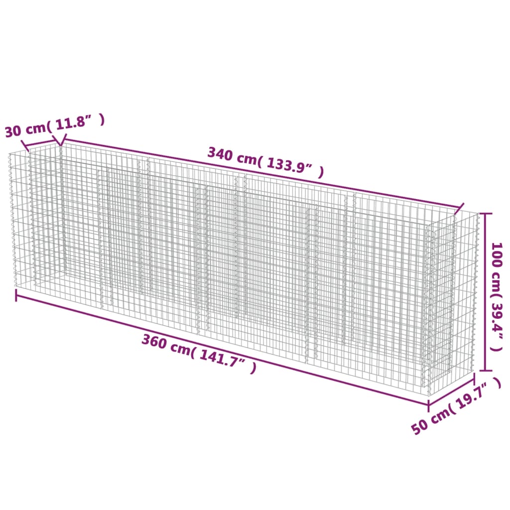 Gabionen Hochbeet Verzinkter Stahl 360×50×100 cm Steinkorb Pflanzkorb Blumenbeet