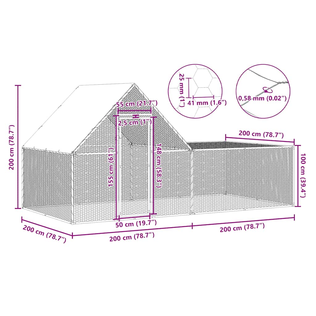 Chicken cage, chicken coop, steel, 4 x 2 x 2 m, run, outdoor enclosure, animal cage, poultry house