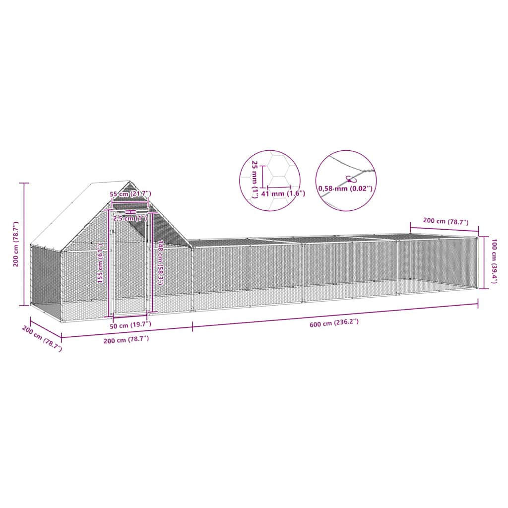 Chicken cage, chicken coop, steel, 8 x 2 x 2 m, run, outdoor enclosure, animal cage, poultry house