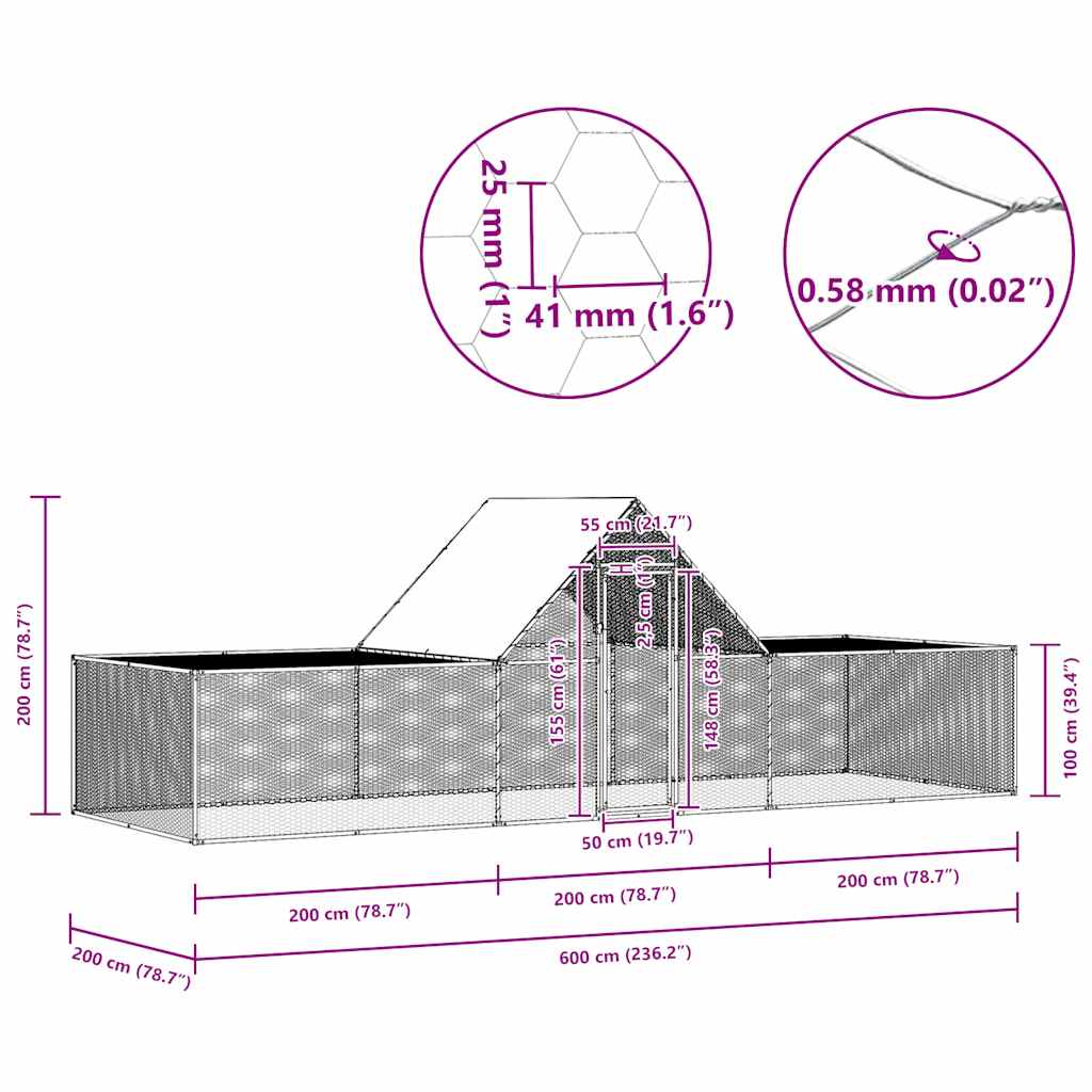 Hühnerstall 6×2×2 m Verzinkter Stahl Hühnerkäfig Auslauf Außengehege Geflügel Dach