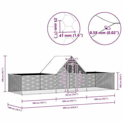 Chicken coop 6×2×2 m Galvanized steel Chicken cage Run Outdoor enclosure Poultry Roof