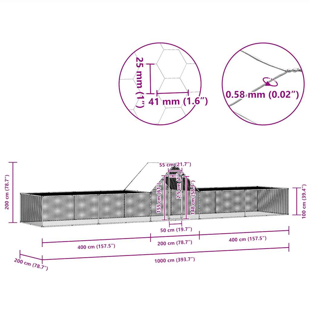 Hühnerkäfig Hühnerstall Stahl 10 x 2 x 2m Auslauf Freigehege Tierkäfig Geflügelstall