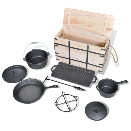 Kochtopf-Set 9-teilig Set in Holzkiste Töpfe Pfanne Dutch Oven Gusseisen schwarz