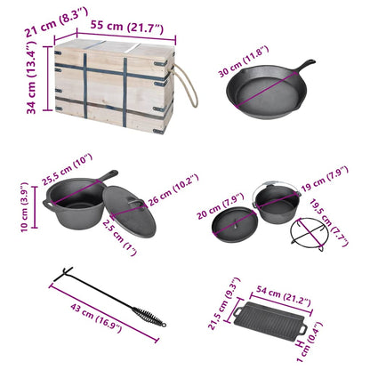 Gusseisen Dutch Oven Set komplett Camping Grill Feuertopf Set mit Holzbox 9tlg