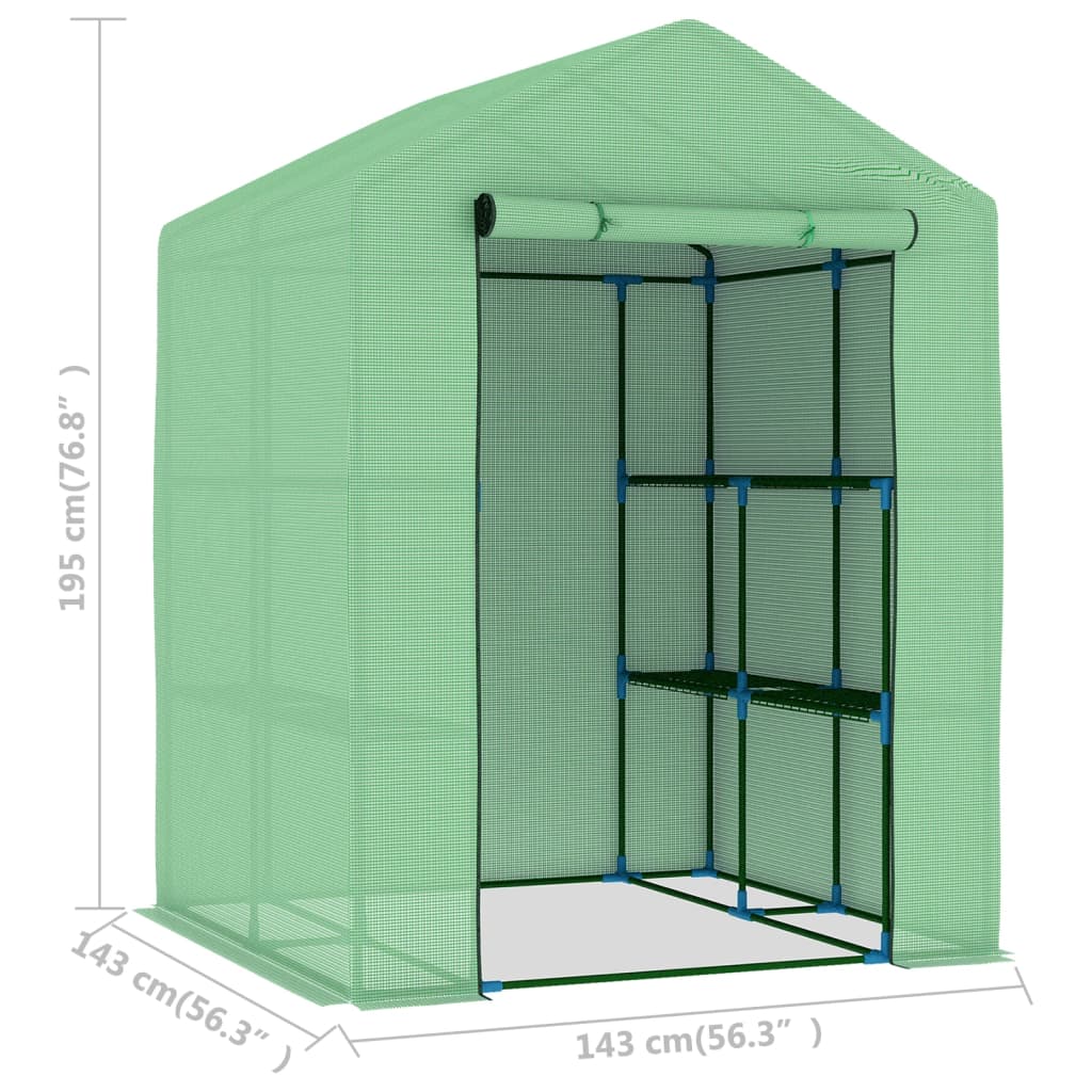 Foliengewächshaus mit Regalen Stahl 143x143x195 cm grün PE-Netzgewebe Rolltür