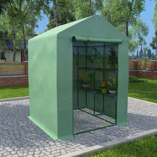 Foliengewächshaus mit Regalen Stahl 143x143x195 cm grün PE-Netzgewebe Rolltür
