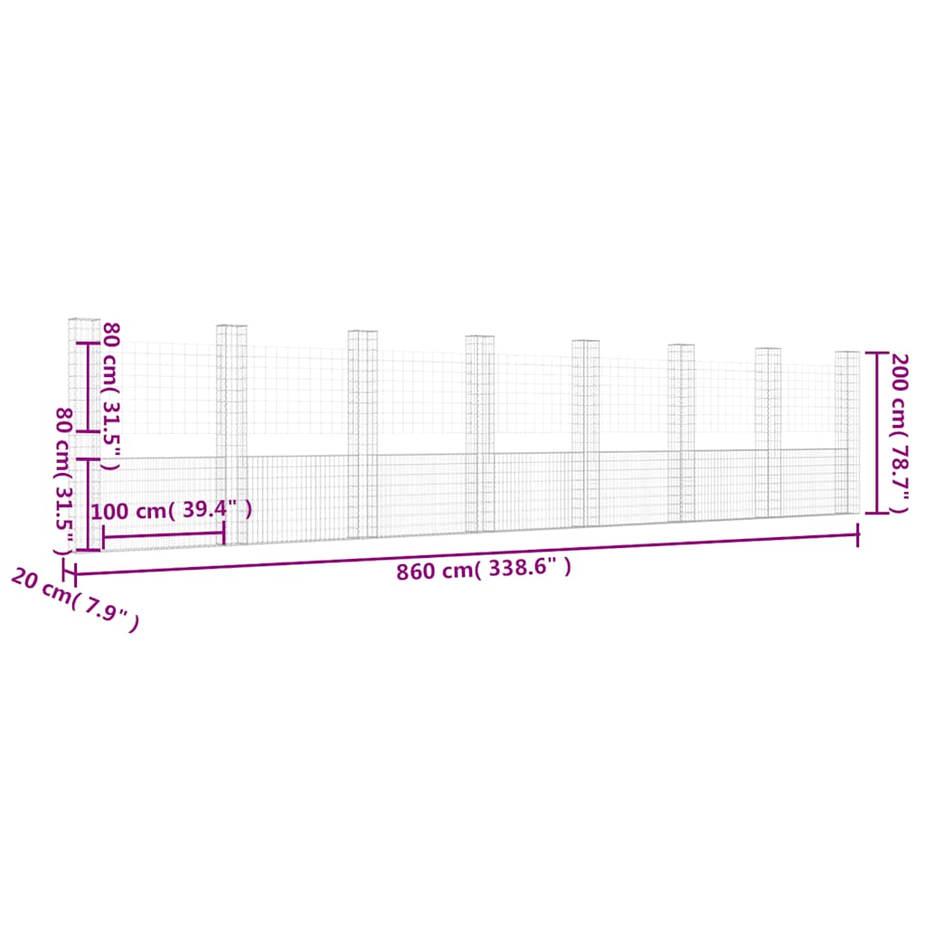 Gabionenkorb U-Form 8 Säulen Eisen 860x20x200 cm Gabionenwand verzinkt