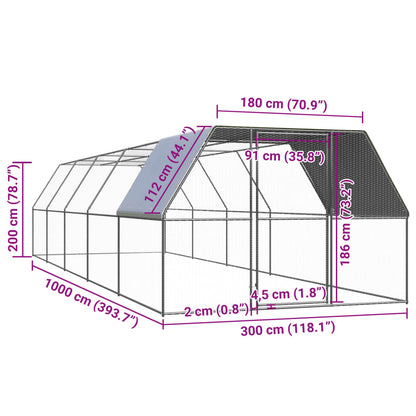 Chicken cage, chicken coop, steel, 3 x 10 x 2 m, run, outdoor enclosure, animal cage, poultry house