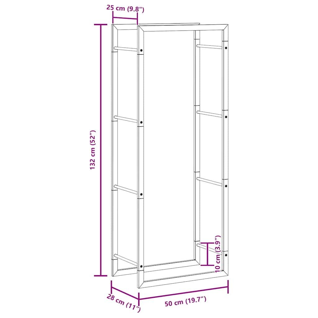 Brennholzregal Stahl Mattschwarz 50x28x132 cm Kaminholzlager Feuerholzhalter