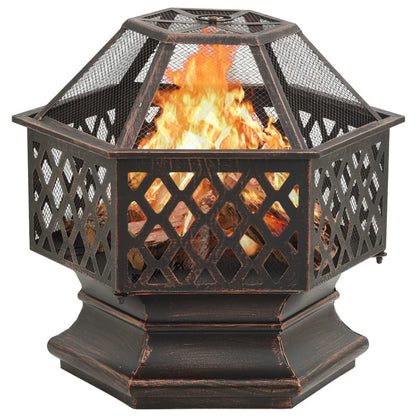 Fire basket with poker, rustic style, 62x54x56 cm XXL, steel, spark screen