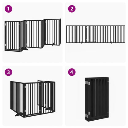 vidaXL 6-piece dog gate with door, foldable, black, 300 cm, poplar wood