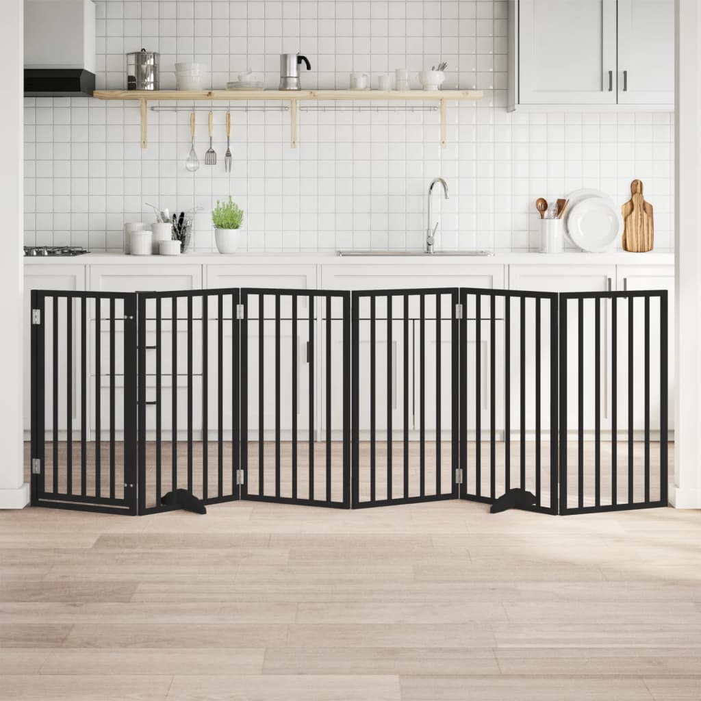 vidaXL 6-piece dog gate with door, foldable, black, 300 cm, poplar wood