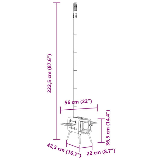 Zeltofen Holz mit Rauchabzug und Klappbeinen 43 x 56 cm Schwarz Stahl Feldküche