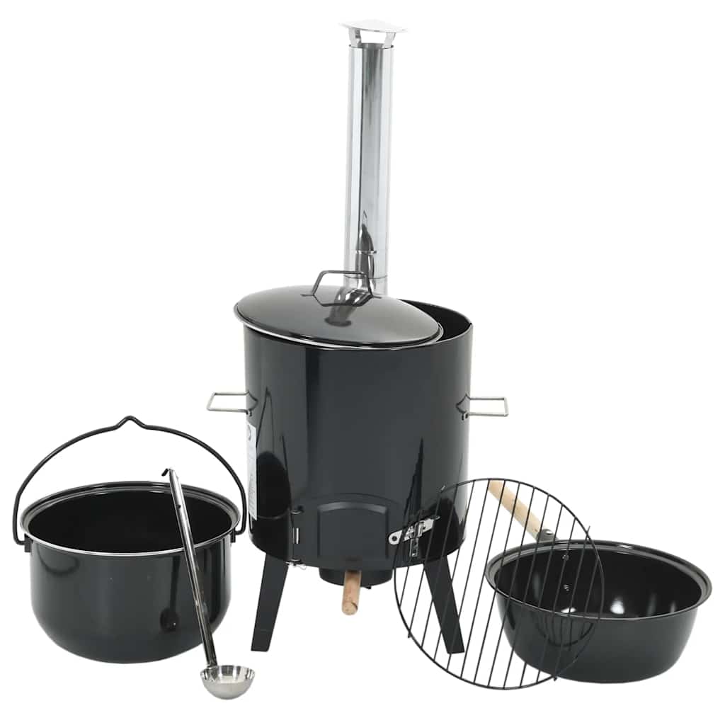 Gulaschkanone mit Rauchabzug & Deckel Schwarz Stahl Emailliert Outdoor