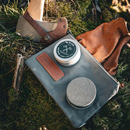 Axe and hatchet care set including whetstone, balm and bag