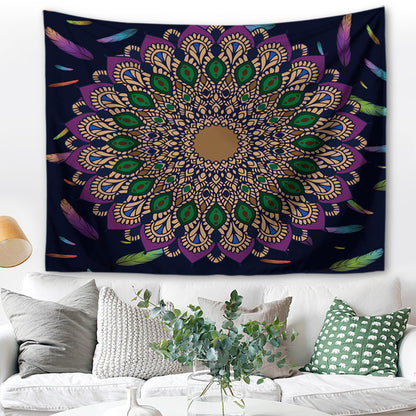 Indian mandala wall hanging, 200 x 150 cm, colorful, feather, polyester, wall hanging, tapestry
