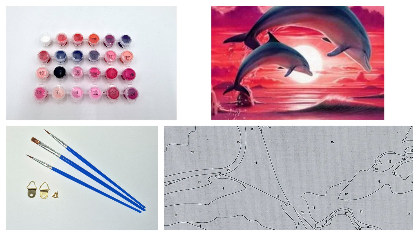 Malen nach Zahlen Erwachsene Delfine 40x50 cm Paint by Numbers DIY Öl Acryl Leinwand Bild Dekoration Rosa Sonnenuntergang Meer 1 Stück