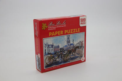 500-piece puzzle: horse-drawn carriage, old town market, 46 x 28 cm, brain training for ages 9 and up