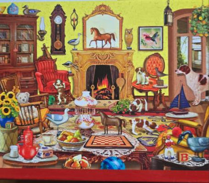 Puzzle 1000 Teile Kamin Wohnzimmer  69x51 cm Wimmelbild Gehirntraining