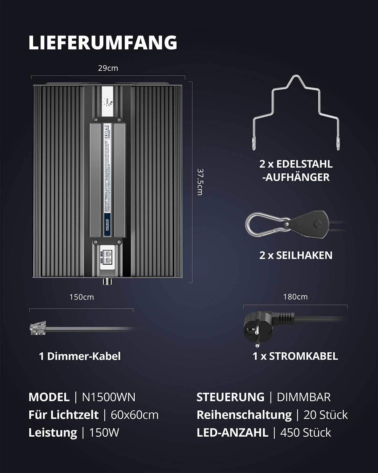 LED-Pflanzenlampe FLORIS Grow 150W dimmbar optimiertes Pflanzenlichtspektrum