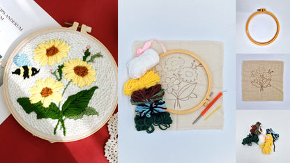 DIY Embroidery Kit, Embroidery Hoop, Flowers, Bee, Ø 18 cm, Painting, Wall Decoration, Beginner 