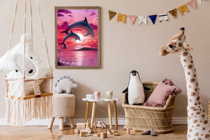 Malen nach Zahlen Erwachsene Delfine 40x50 cm Paint by Numbers DIY Öl Acryl Leinwand Bild Dekoration Rosa Sonnenuntergang Meer 1 Stück