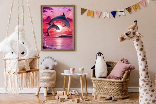 Malen nach Zahlen Erwachsene Delfine 40x50 cm Paint by Numbers DIY Öl Acryl Leinwand Bild Dekoration Rosa Sonnenuntergang Meer 1 Stück