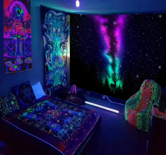 UV Wandbehang Polarlicht 200x150 cm Hirsch UV Fluoreszenz Wandtuch Wandteppich Tapisserie 