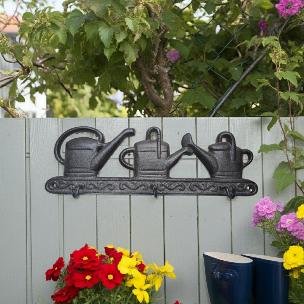 Hakenleiste Gußeisen 28,5x9x3,5cm dunkelbraun 3 Haken Gießkannenmotiv