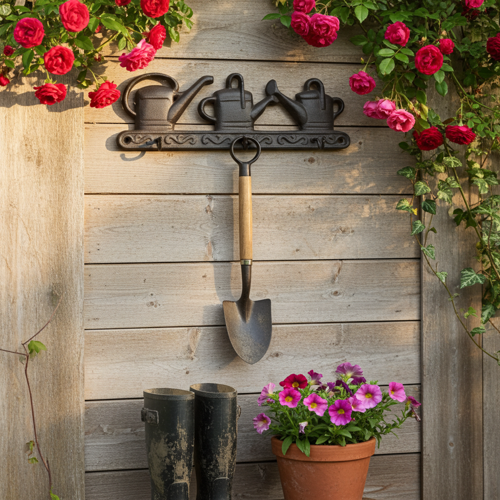 Hakenleiste Gußeisen 28,5x9x3,5cm dunkelbraun 3 Haken Gießkannenmotiv