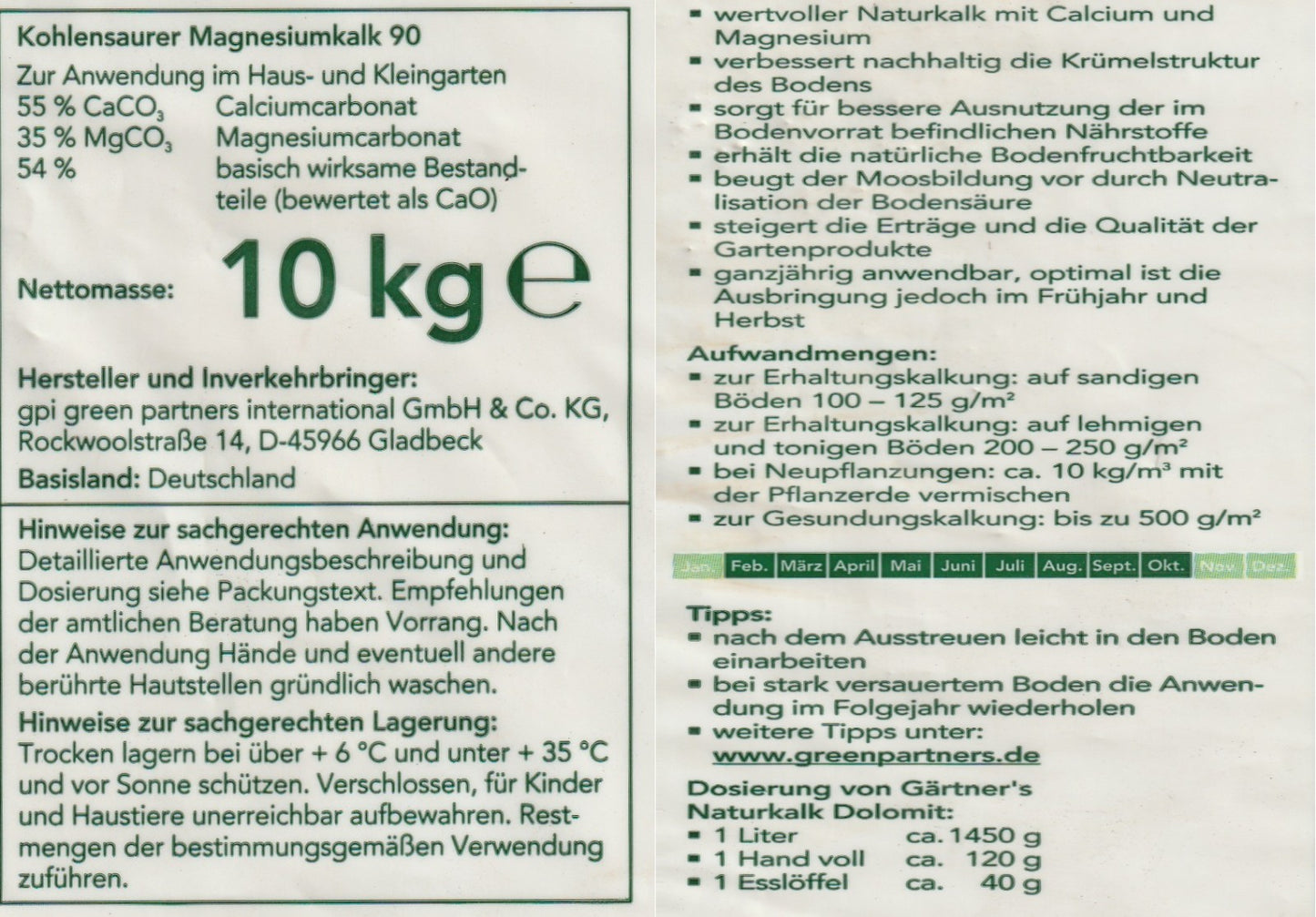 Gaertner´s Naturkalk Dolomit 10 kg Sack Magnesiumkalk für Rasen Ziergarten Gemüse Obst