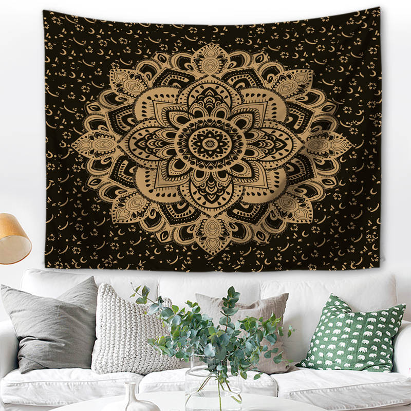 Wandbehang Mandala indisch 150x125 cm Schwarz Polyester Wandtuch Wandteppich Tapisserie 