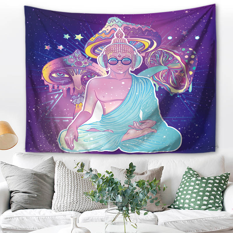 Wandbehang Psychedelic Funky Buddha Pilze 150x125 cm Polyester Wandtuch Wandteppich Hippie Tapisserie 