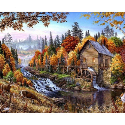 Paint by Numbers for Adults: Mill by the River, 40x50 cm, DIY Oil Acrylic Canvas Picture Decoration, Mill without Frame, 1 Piece