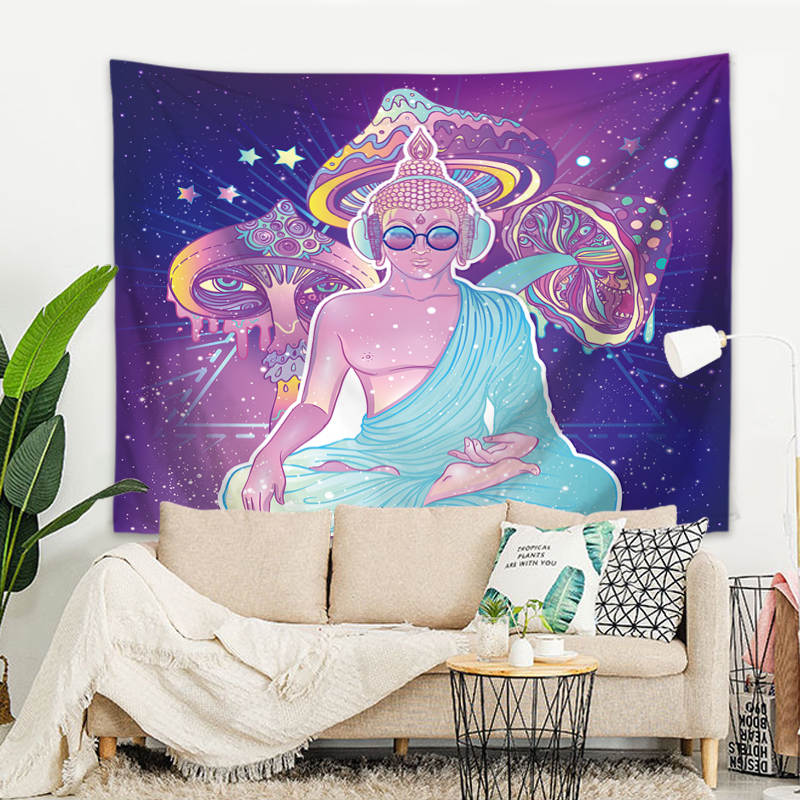 Wandbehang Psychedelic Funky Buddha Pilze 150x125 cm Polyester Wandtuch Wandteppich Hippie Tapisserie 