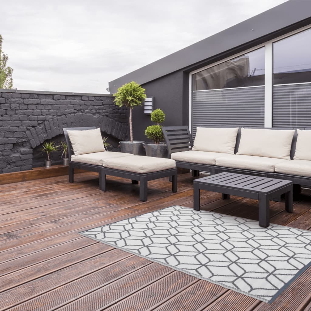 Esschert Design Außenteppich 180 x 121 cm Grau Weiß Polypropylen flachgewebt Terrasse